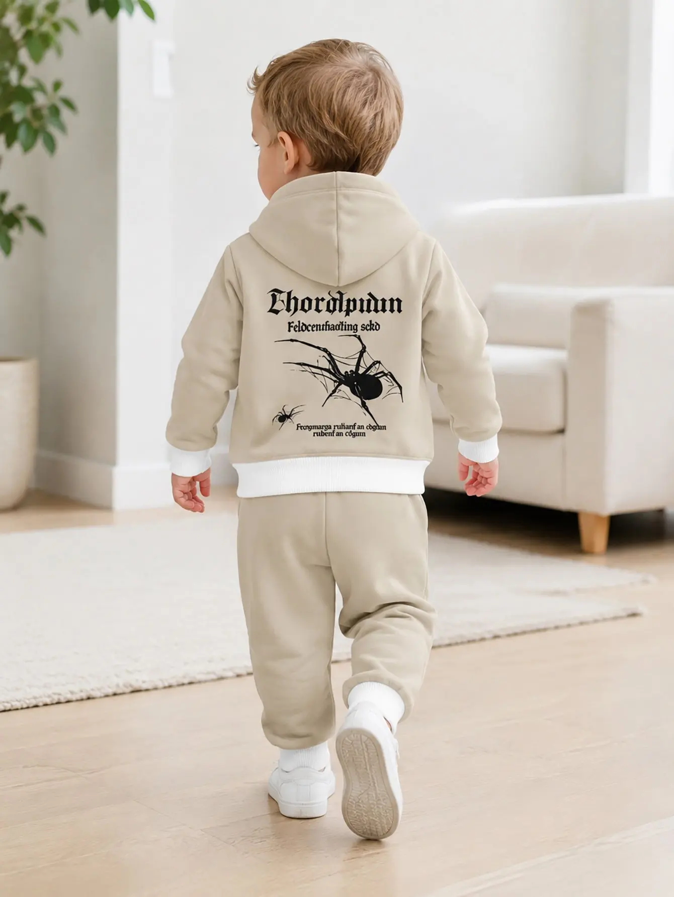 Hooded Zip Up Loose Sweatshirt Pants Set Spider Gothic Print Beige Long Sleeve Loose Fit Boys Fall Winter New Style Trendy Styli