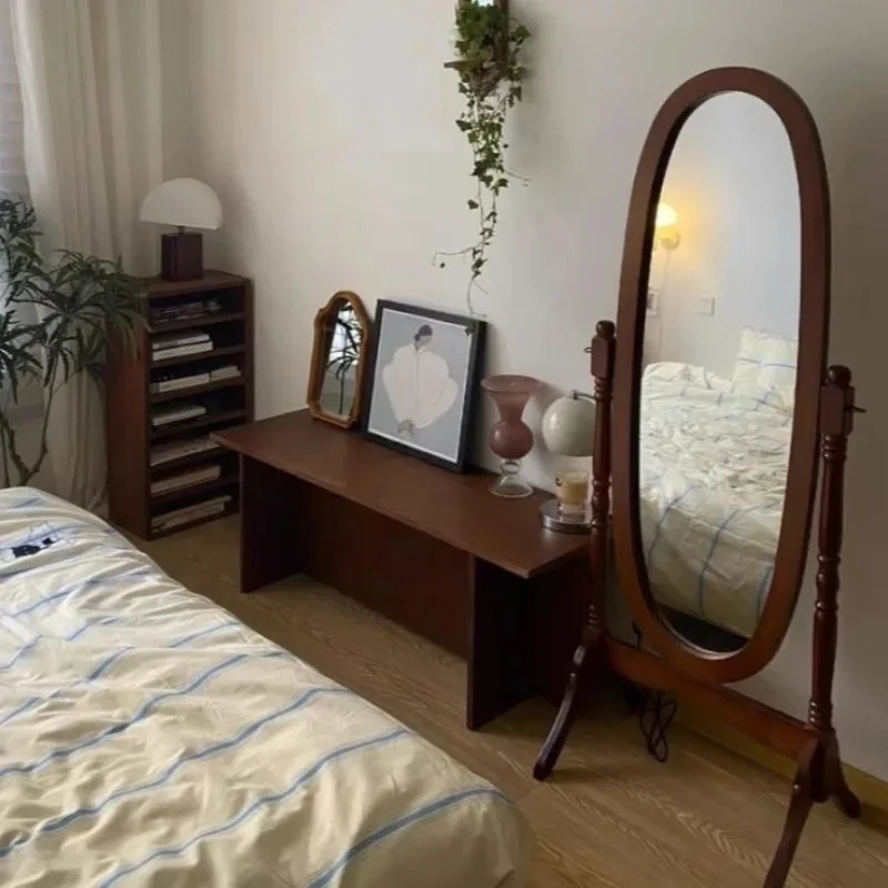 French Retro Solid Wood Floor Mirror Medieval Living Room Bedroom Dressing Mirrors Clothing Store Full-body Fitting Mirror