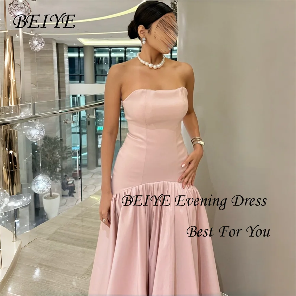 BEIYE – robe de soirée trapèze en Satin rose moderne pour femmes, sans bretelles, sans manches, dos ouvert, plissée, robe de bal, personnalisée, 2026