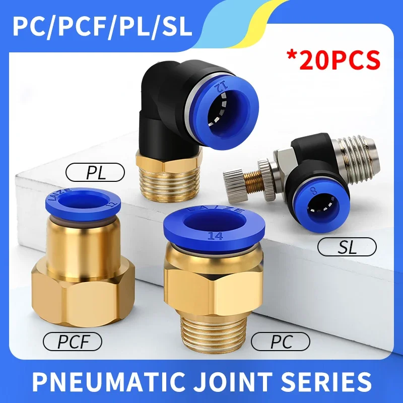 20Pcs Pneumatic Air Connector Fitting PC PCF PL SL 4mm 6mm 8mm Thread 1/8 1/4 3/8 1/2 Hose Fittings Pipe Quick Connectors