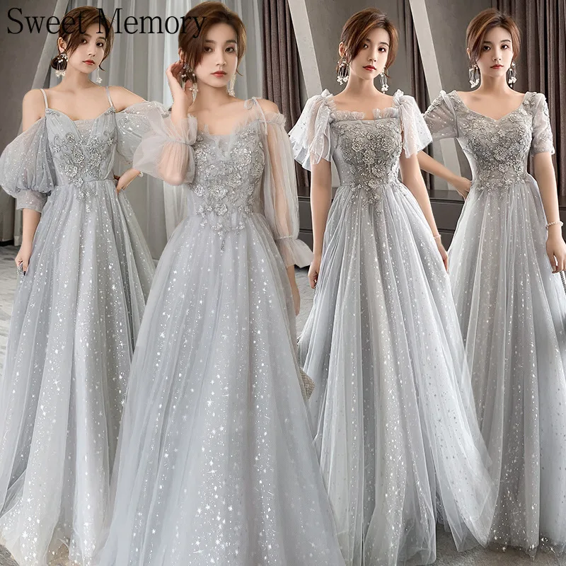 New Bling Grey Graduation Dresses Wedding Party Gown Lady Off The Shoulder Tulle Vestido Woman Elegant Bridemaid Dress