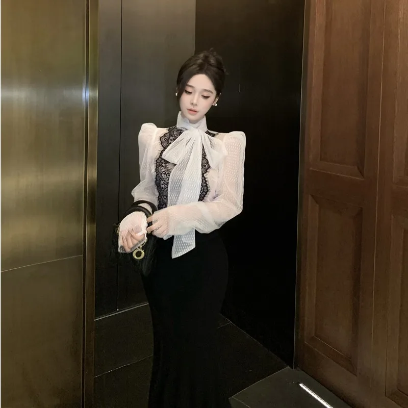 Spring Autumn 2026 Women\'s Double Layer Polka Dot Mesh See through Lace Shirt Bow Tie Design Sensation Quality Fashionable