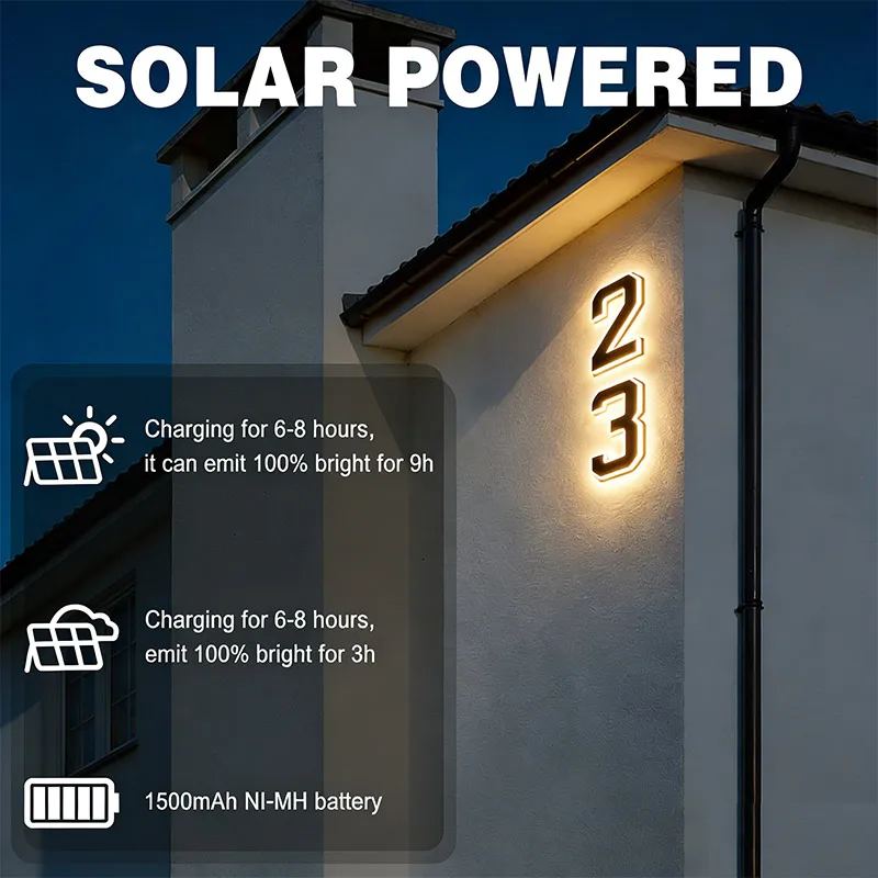 Solar Powered House Number Sign, Waterproof Digital Doorplate with DIY Letters