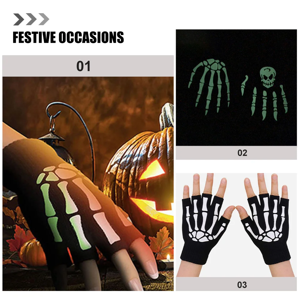 2Pairs Halloween Hand Gloves Half Finger Warm Cycling Accessories Gloves Halloween Skull Handgloves
