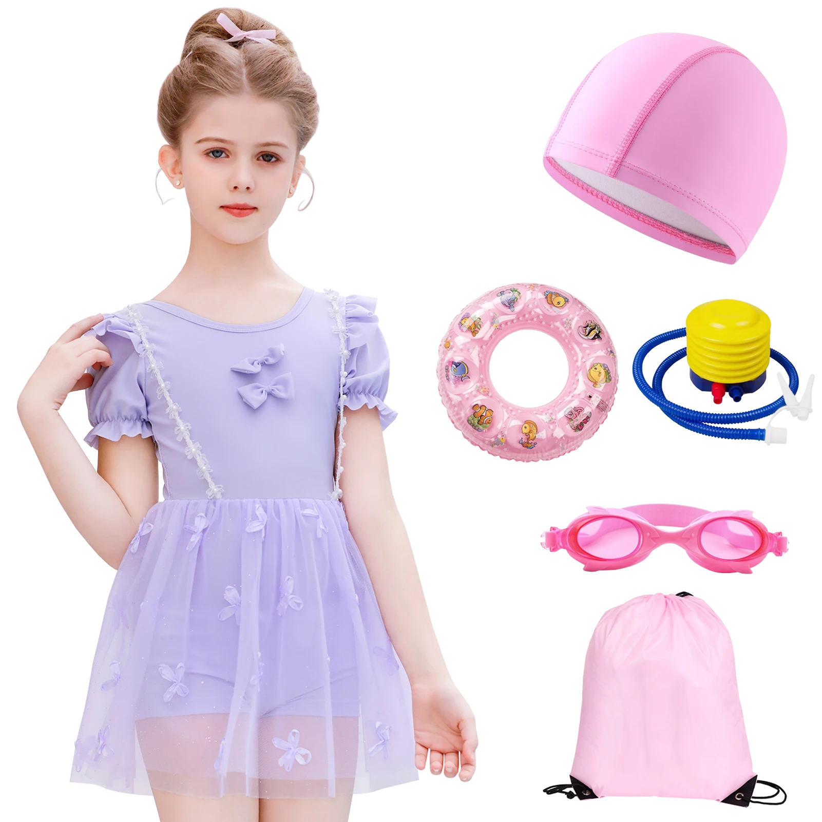 

One-Piece Swimming Dress for Girls 6pcs/Set Short Sleeve Bow Swimsuits Buoyancy Circle Hat Goggles Air Pump Mesh Kids Swim Wear