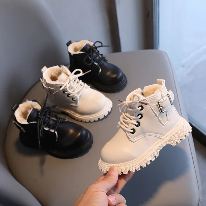 Children's Boots Toddler Shoes for Boys Warm Plush Ankle Girl Boots Chelsea Solid Color Retro Short Kids Boots Autumn Winter