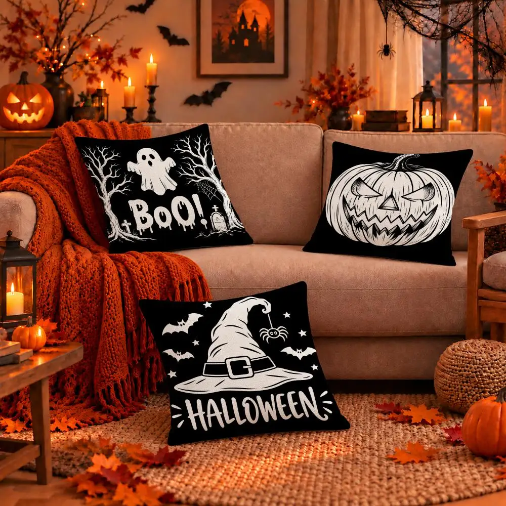 Art Halloween Black White Cushion Cover Dark Gothic Plush Pillow Covers for Sofa Bedroom Home Decor