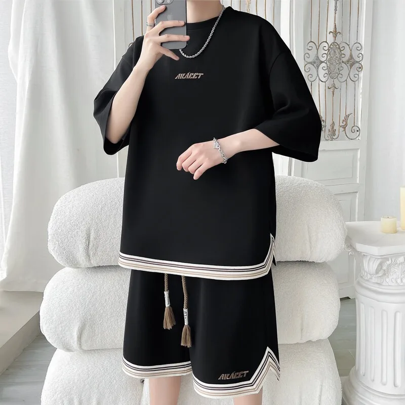 2026 Summer New Casual Loose T-shirt and Shorts 2-piece Set Men's Clothing Korean Fashion Oversized T-shirt and Sports Shorts