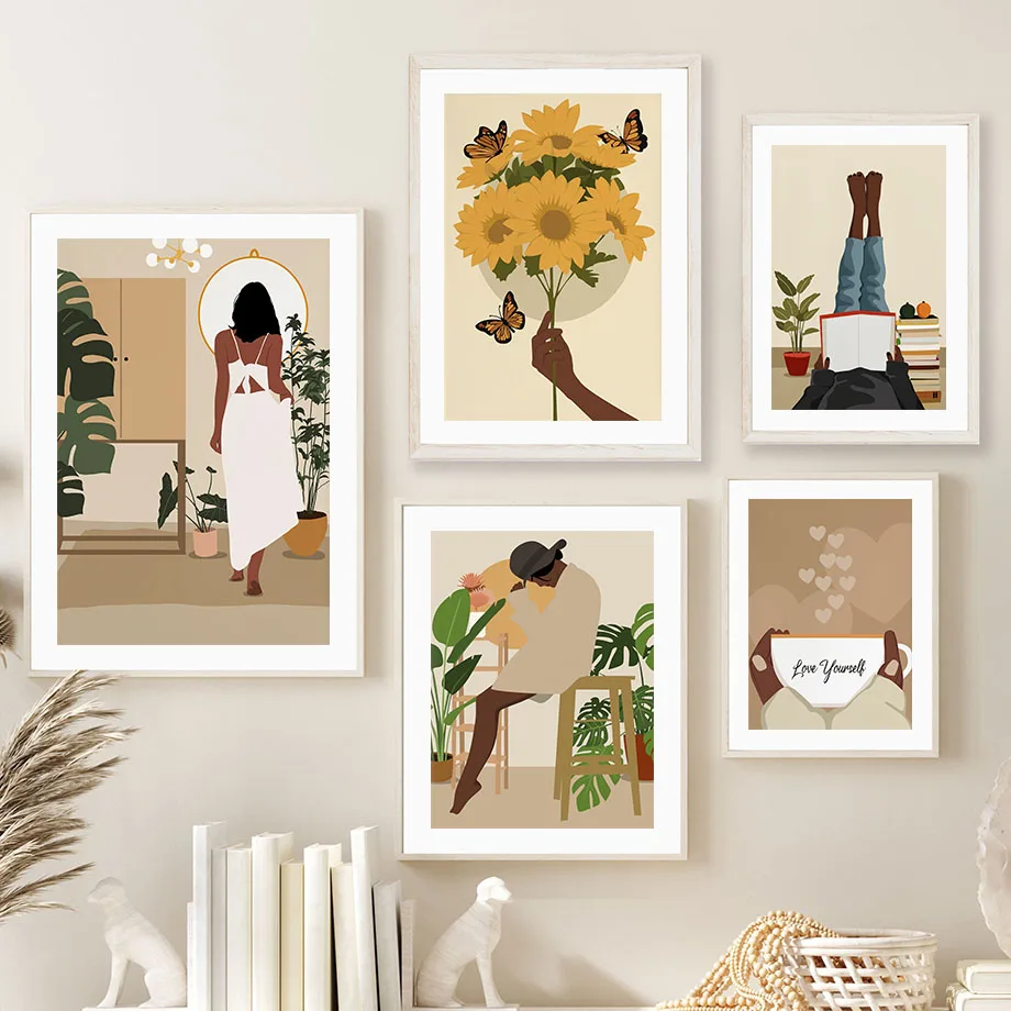 Abstract Wall Art Canvas Painting Boho Girl Flower Reading Books Figures Posters Nordic Pictures For Living Room Prints Decor