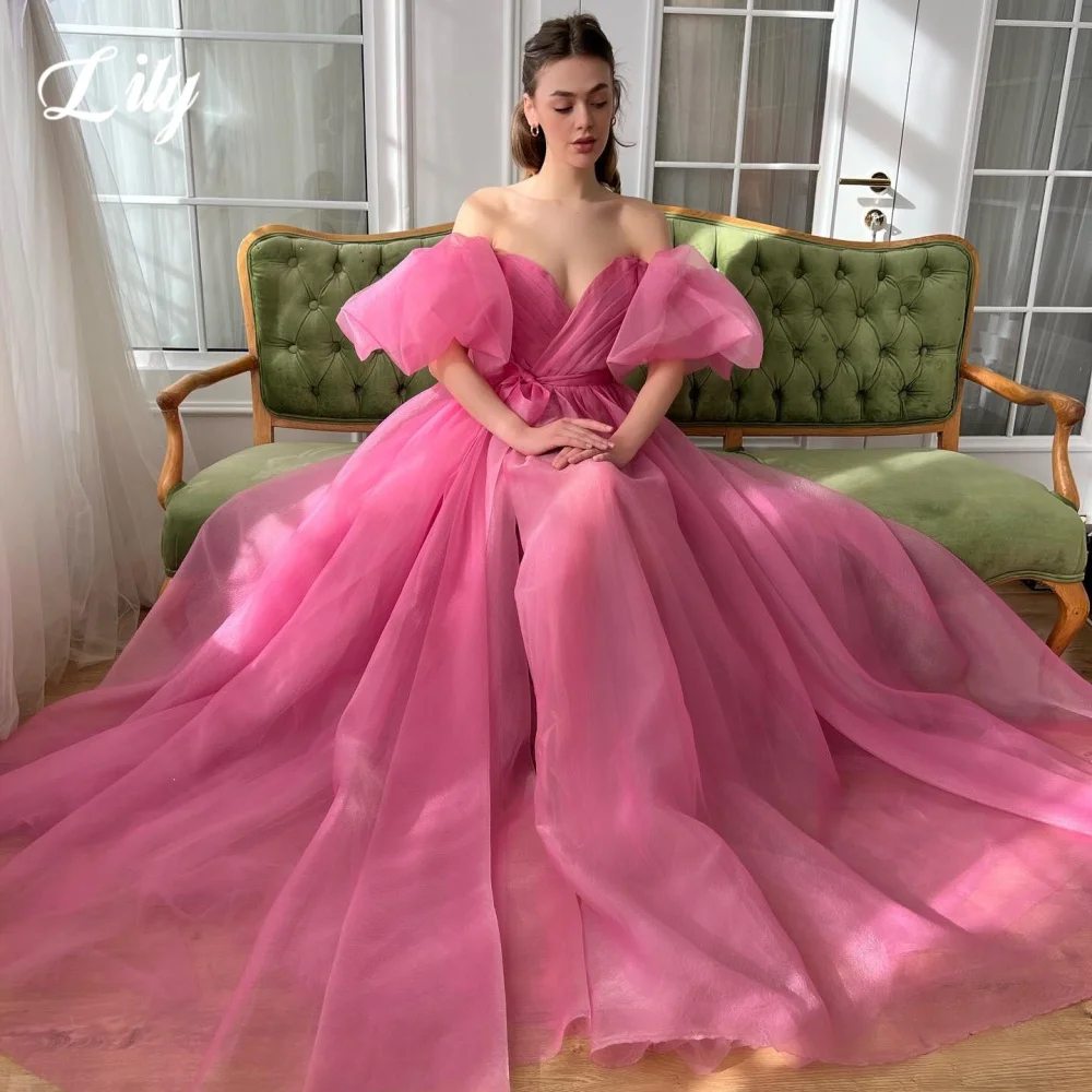 

Lily Pink Elegant Prom Dress Sweetheart Puff Sleeve Prom Gown Backless Side High Split Wedding Evening Dress 프롬 드레스 Customized