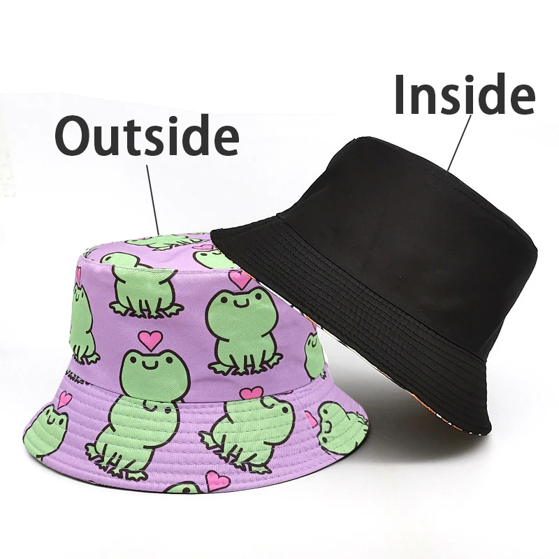 Bocca Cartoon Frog Printing Bucket Hat For Men Women Unisex Fisherman Hat Double Sides Panama Cap Cute Pattern Summer New Style