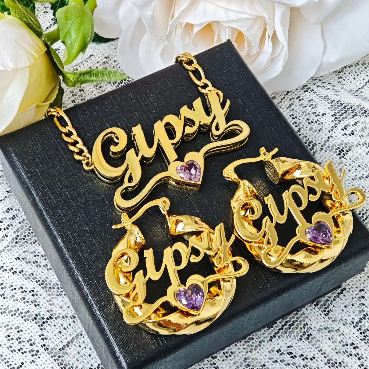 

Ювелирные изделия из нержавеющей стали по индивидуальному заказу, сверкающий комплект с бриллиантами Love, серьги и ожерелье с камнями на день рождения, подарок на день рождения