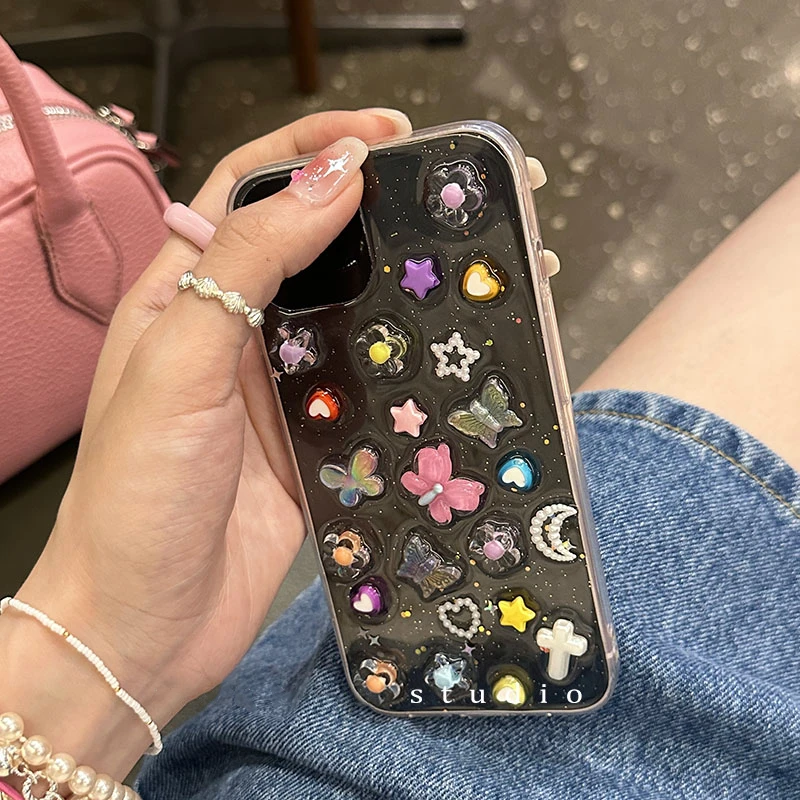 جراب ثلاثي الأبعاد بريق الفراشة لهواتف آيفون ، كوريا اليابانية ، 14 ، 13 ، 11 ، 12 برو ماكس ، بلس ، لون لطيف ، غطاء زهرة ناعم ، غلاف إيبوكسي شفاف ، فتاة ، اليابان ، كوريا #3