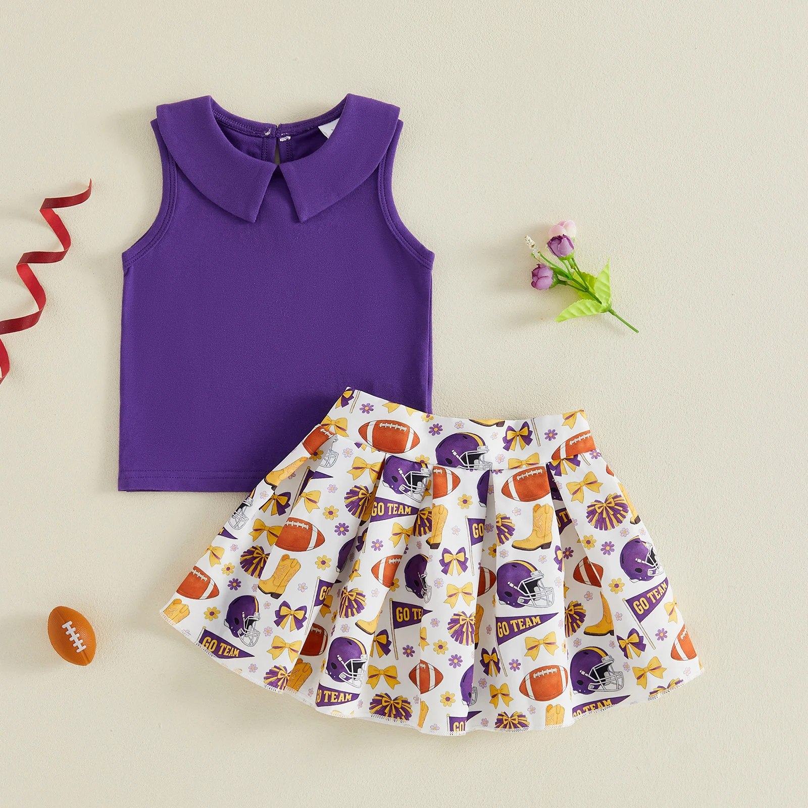 Toddler Girl Summer Outfit Solid Color Doll Collar Tank Tops with Football Bow Print Pleated Skirt 2Pcs Set
