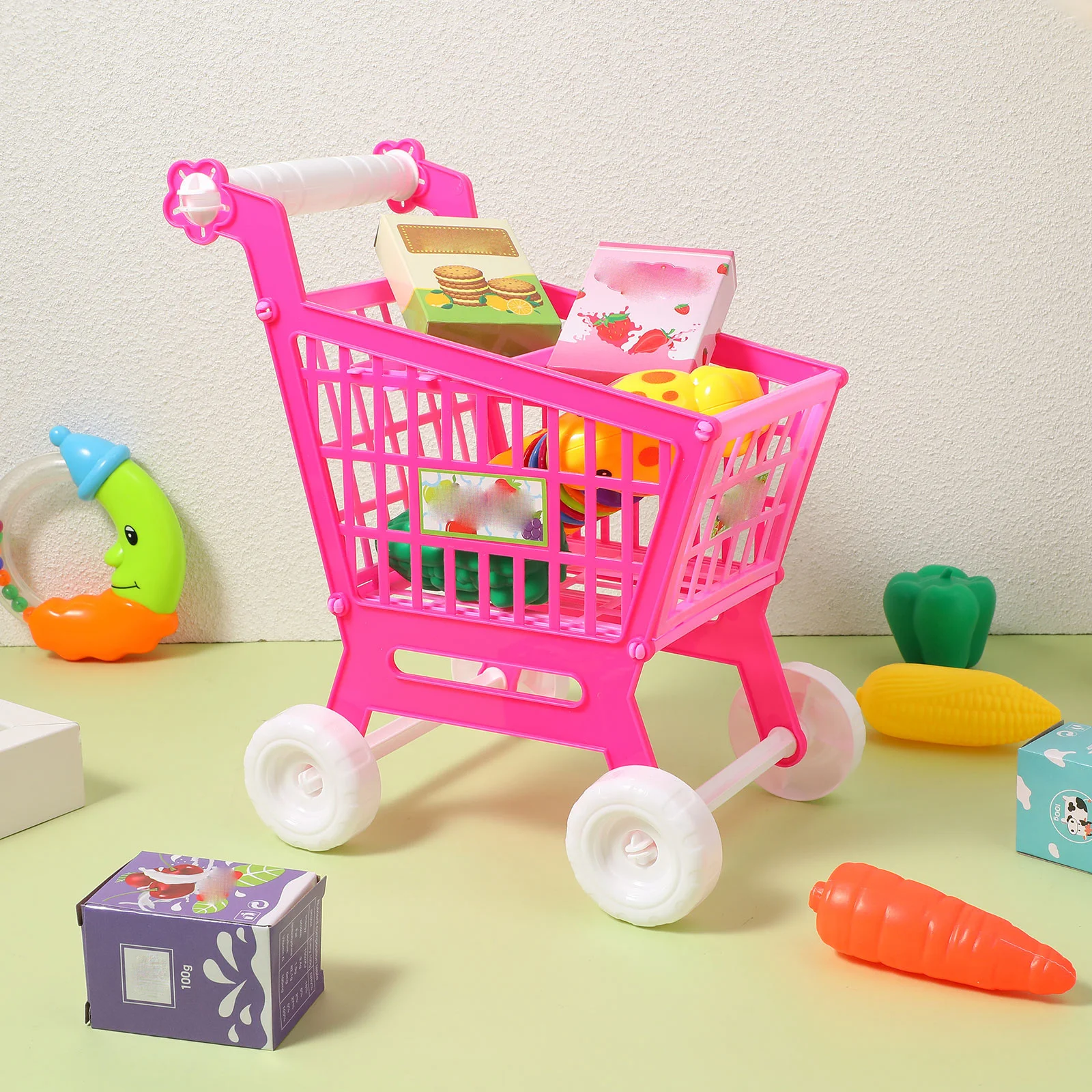 Carrinho de supermercado infantil, simulação rosa, alça suave, cesta de compras, dramatização, acessórios divertidos, carrinho de compras infantil