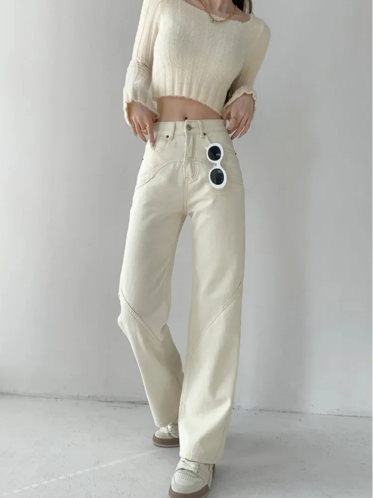 ZHISILAO Beige Straight Jeans for Women Vintage Casual Wide Leg High Waist Full Length Denim Pants Streetwear 2023