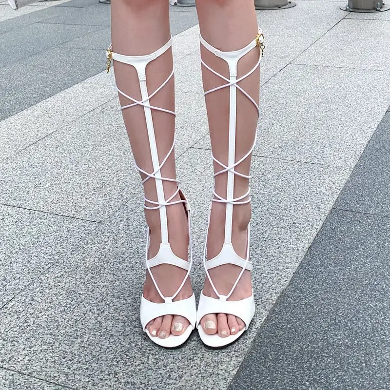 

ORCHALISA 2025 Summer Sandals Women Sexy Stiletto Shoes Buckle Strap Knee High Fashion Party Shoes Big Size 40 41 42 43 44 45
