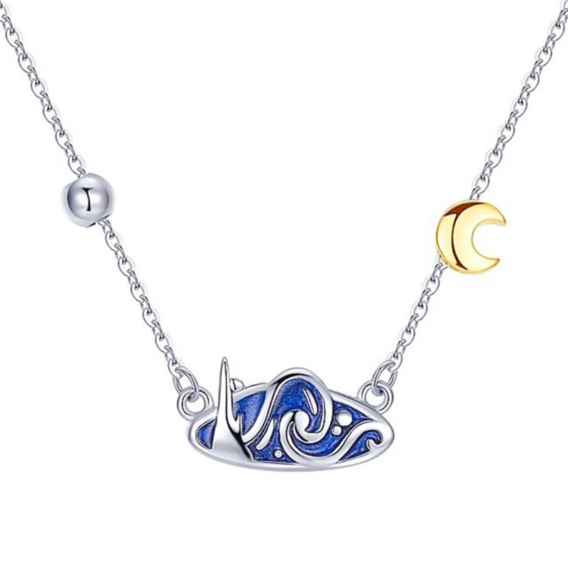 WYEAIIR 925 Sterling Silver Van Gogh Oil Painting Starry Sky Moon Blue Drop Glaze Fine Luxury Female Necklace For Women