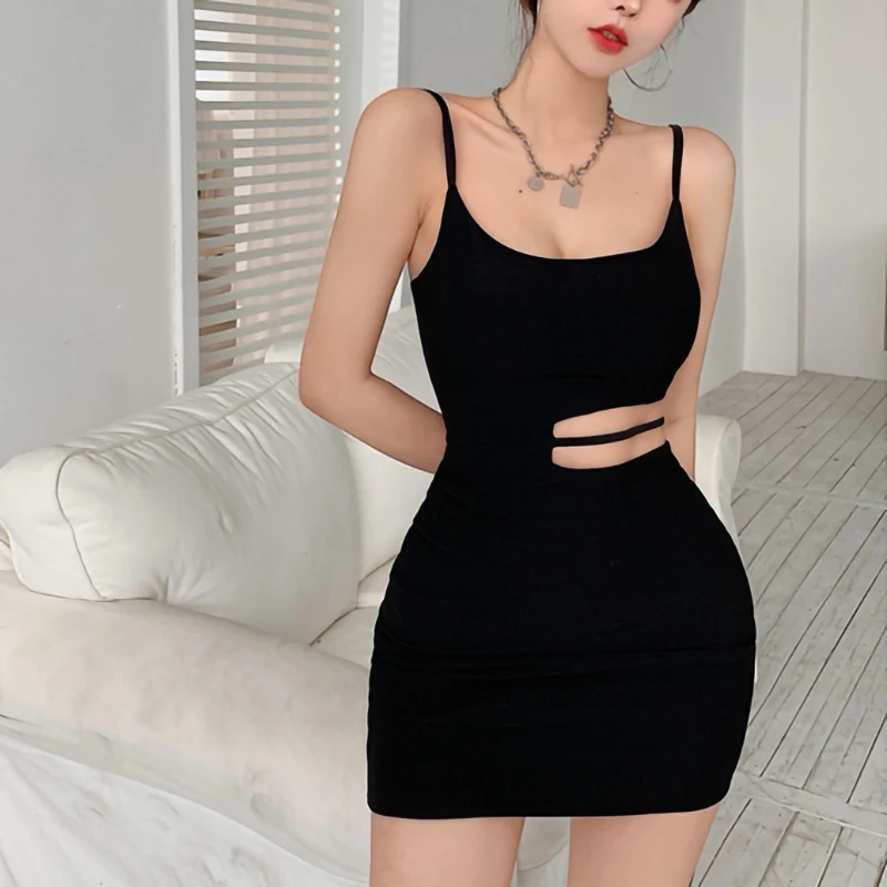 

Hot Fashion Women Sexy Bodycon Mini Dress Sleeveless Spaghetti Strap Solid Color Cutout Dress Club Street Style Hot Sale