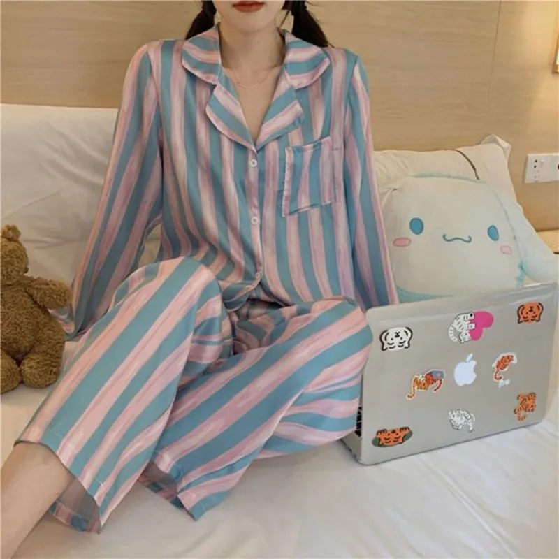 Neue Damen Frühling Herbst Gestreifter Schlafanzug Mädchen Dame Langarm-Hosen Homewear Frauen Übergröße Weiche Lässige Lose Loungewear Damen