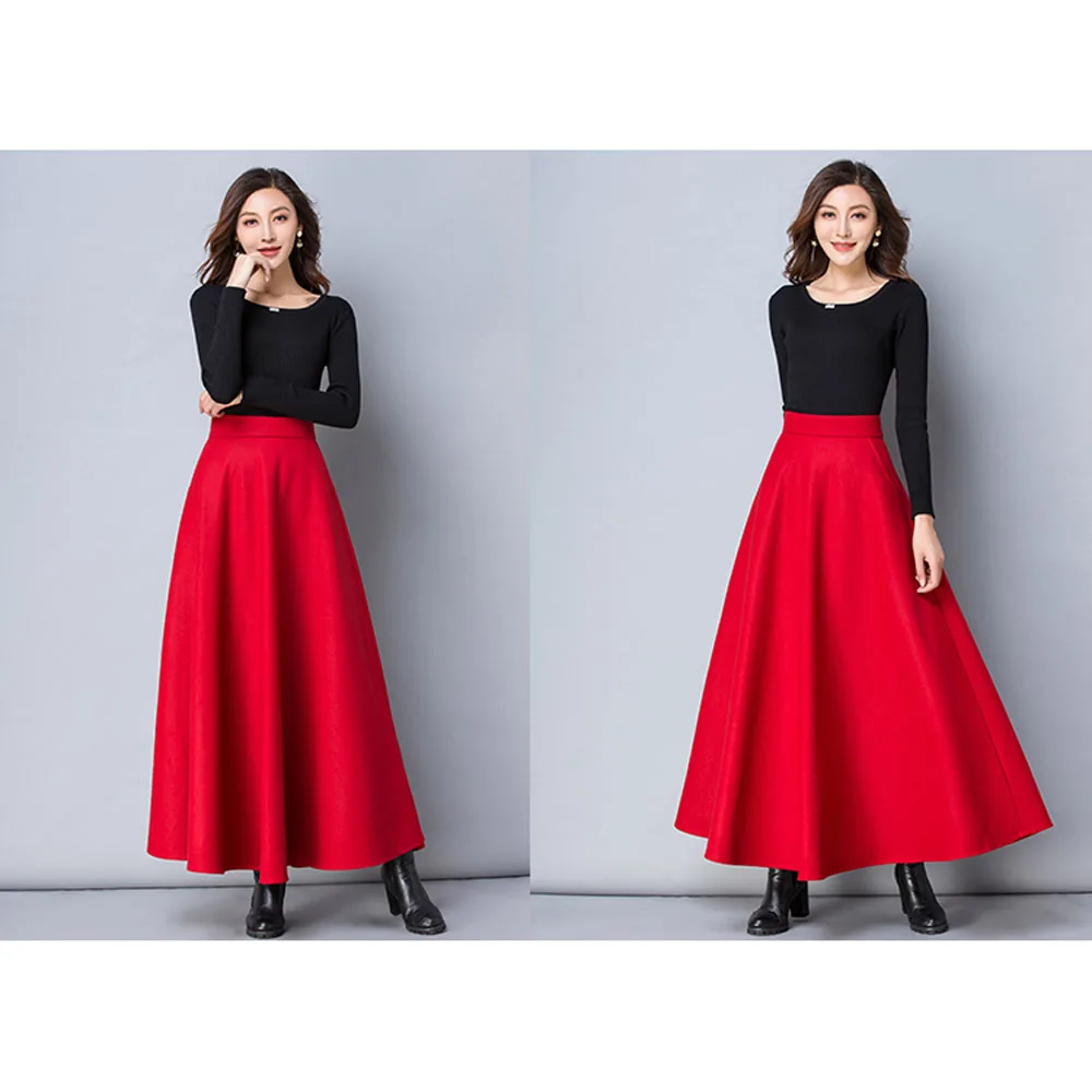 2024 Fashion Autumn Winter Plus Size 5XL 6XL Red Woolen Casual Female Skirts , Woman Retro Vintage Long A-line Skirt Womens