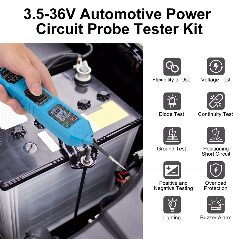 Fuse Tester LCD Circuit Tester 3.5-36V DC Battery Power Detector Fuse Tester LED Electrical Test Pen With Probe Alligator Clip view 5