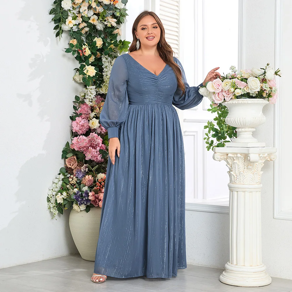 Plus-Size Women's Long Sleeve Double V-Neck Glitter Fully Lined Ruffled A-Line Evening Gown1552