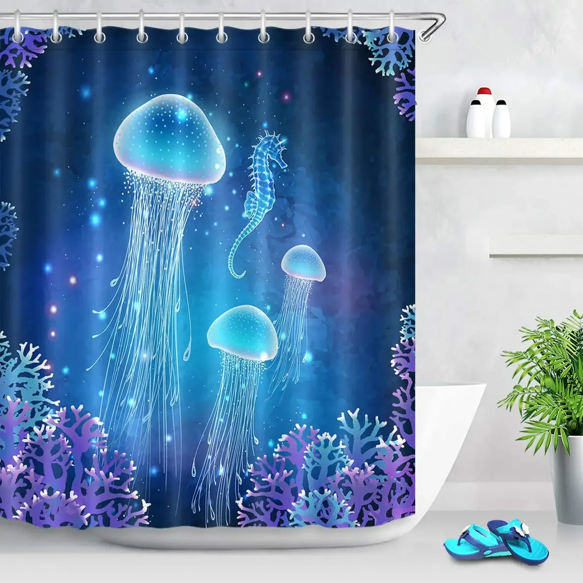 Jellyfish Shower Curtain Blue Magic Underwater Sea Life Shower Curtains Funny Aquatic Bathroom Curtains Bath Screen,Waterproof