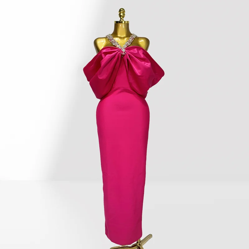 

2025 New Elegant Woman Party Dress Shining Diamonds Off The Shouder Halter Ankle Length Bandage Dress Birthday Party Outfit