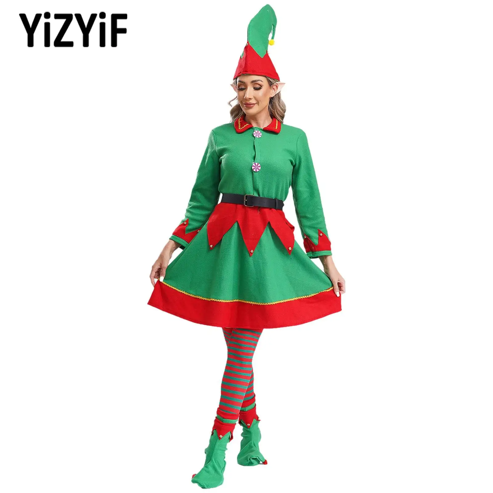 6Pcs Women Dance Dress Christmas Elf Costume Santa Claus Cosplay Party Costume Set Velvet Dress Hat Elf Ears Shoes Belt Stocking