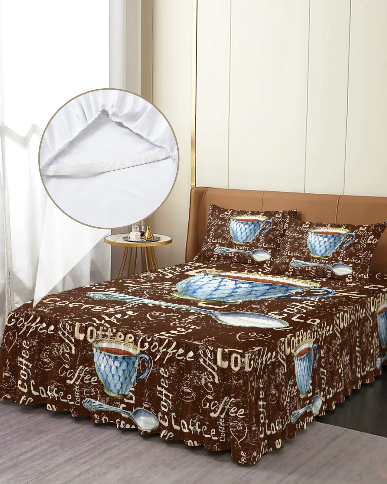 

Retro Style Coffee Sugar Bed Skirt Elastic Fitted Bedspread With Pillowcases Bed Protector Mattress Cover Bedding Set Bed Sheet