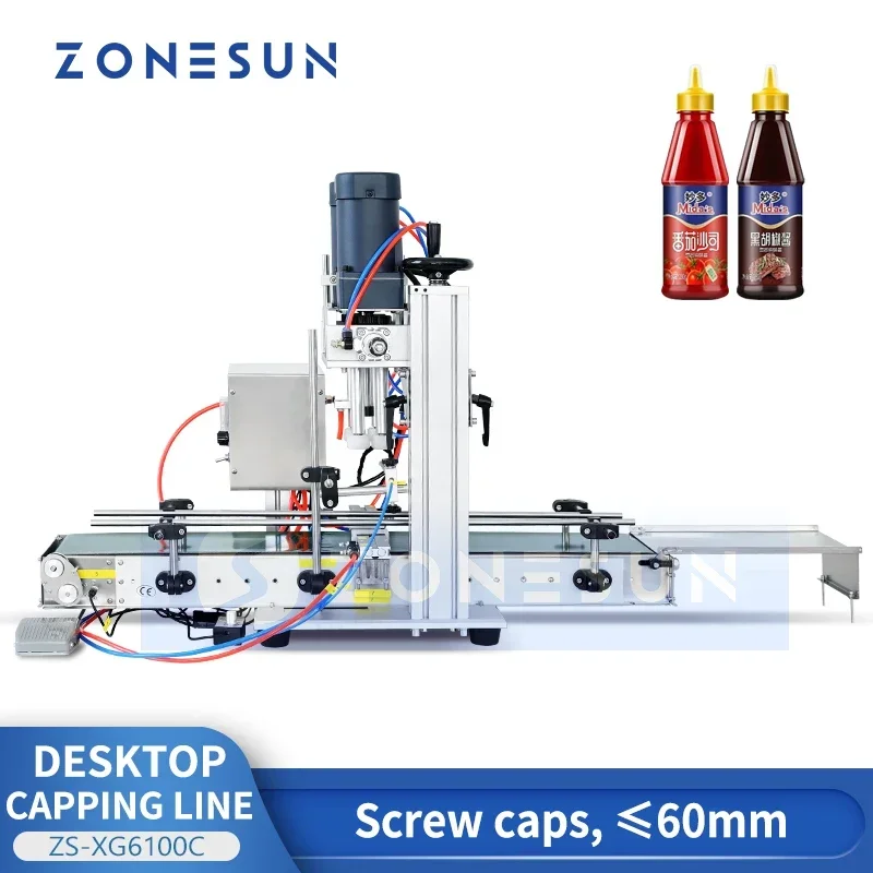 

ZONESUN Укупорочная машина для бутылок с винтовой крышкой для сока и жидкостью, распылительная крышка, скрученная стеклянная капельница, конвейерная линия ZS-XG6100C