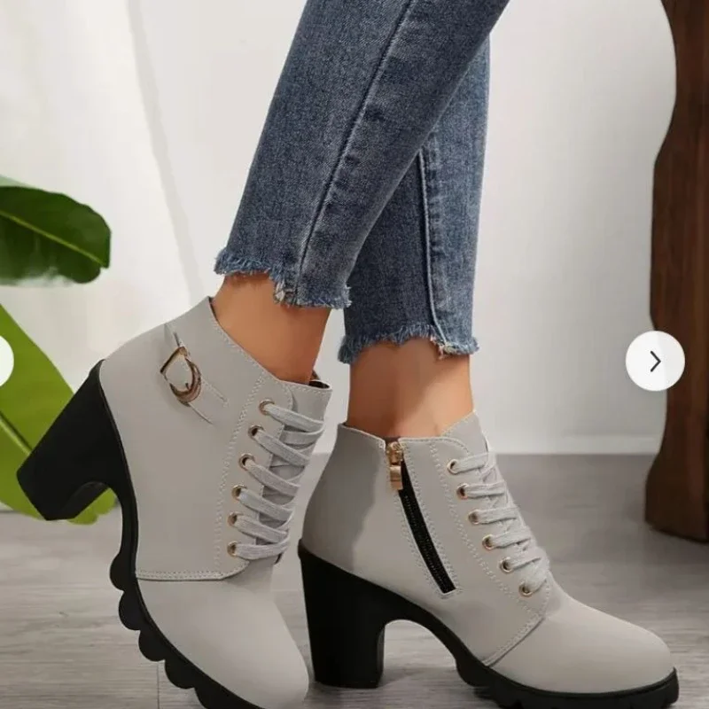 2025, neuer Stil, runde Zehen, dicker Absatz, Schnürstiefel für Damen, lässig und bequem, Reitstiefel mit dicken Sohlen, Schuhe hoch