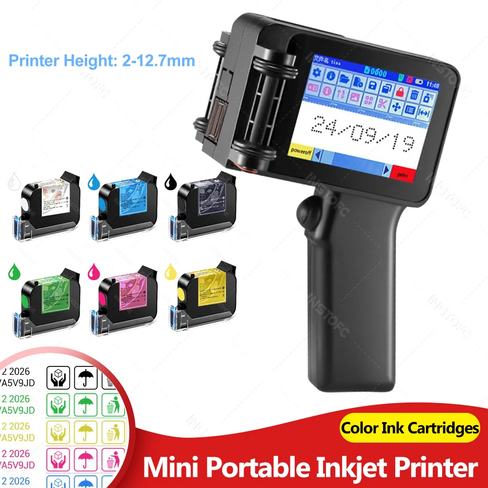 Portable Inkjet Printer Handheld Mini Coding Machine for Logo Image Date Text Printing with 0/1/2 Color Ink Cartridge Fast-Dry