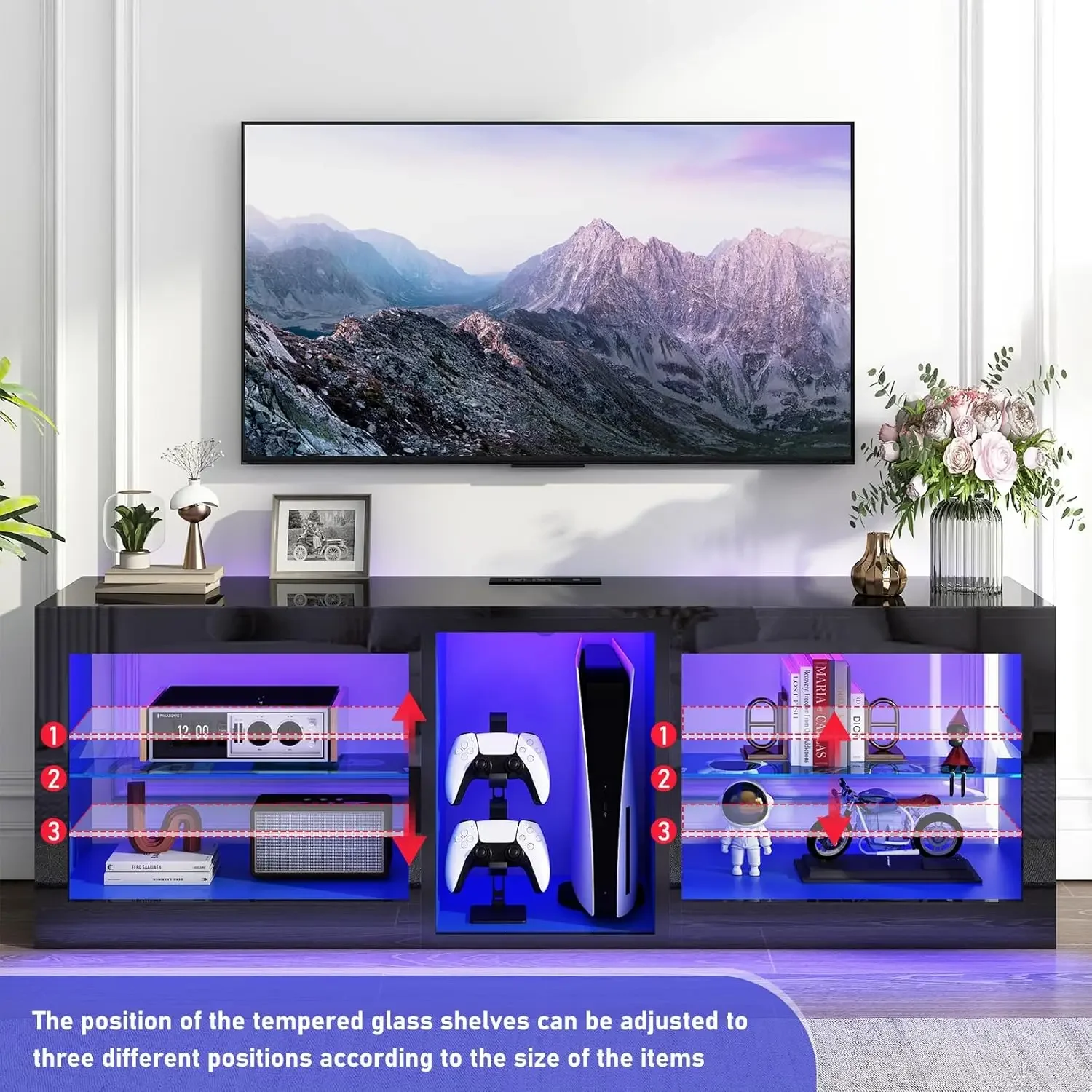 

LED TV Stands W/Power Outlet for 50 55 60 65Inch TV,Black Entertainment Center W/70000-Colors Lights,High Gloss LED TV