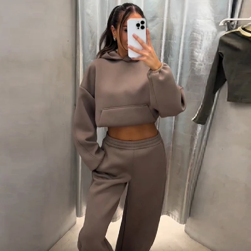 Casual Solid Women's Hoodie Pant Set Long Sleeve Hooded Pullover Top Elastic Waist Wide Leg Trouser 2026 Autumn New Lady Putfit