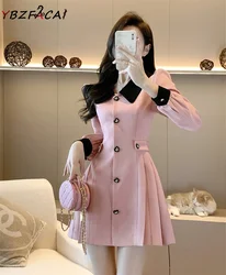 Pink Tweed Dress Women Elegant Luxury 2023 Spring Fall Long Sleeve Lapel Love Button Slim A Line Dress Korean Blazer Short Dress