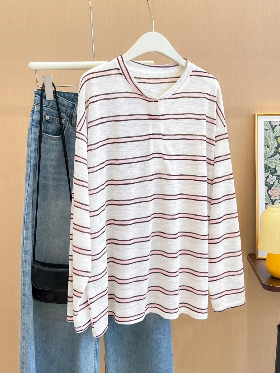 

Fashion Loose Casual Striped Long-sleeved T-shirt for Women 2025 Autumn New Arrival Vacation Style Pullover Top