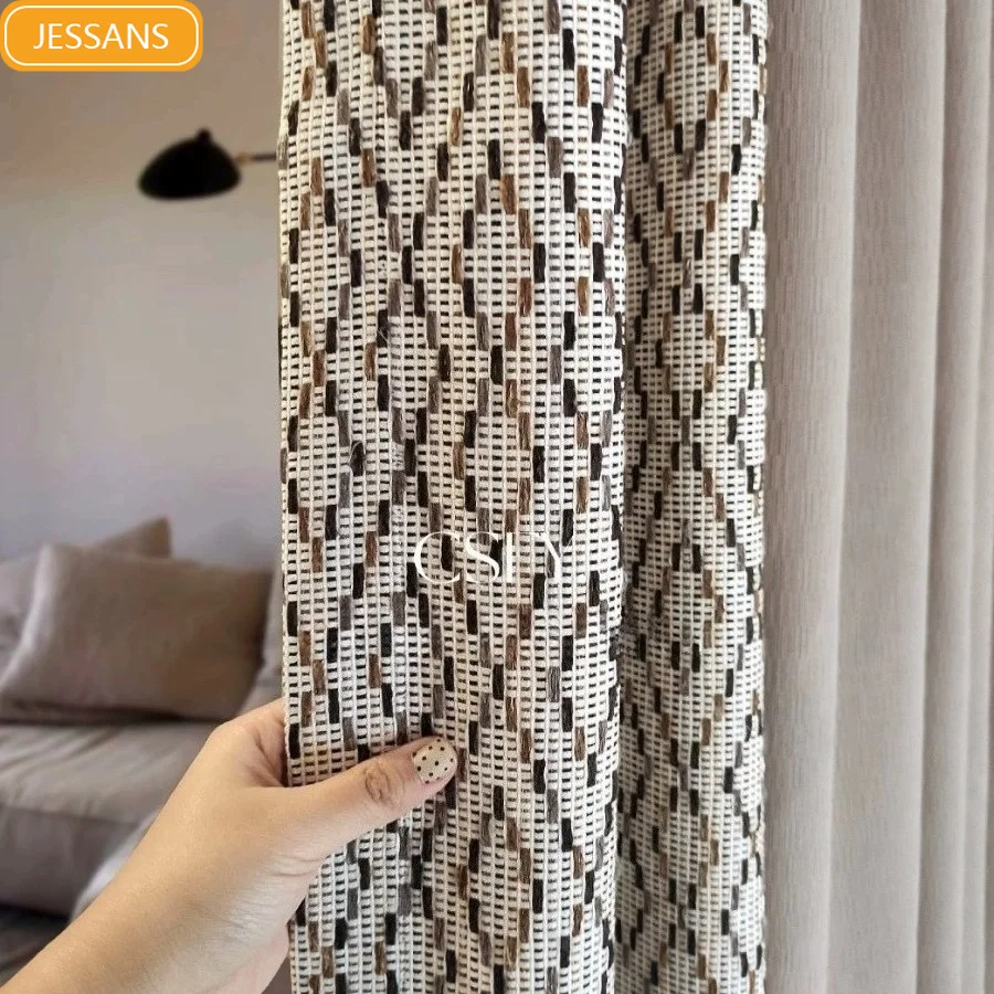 Vintage Rhombic Jacquard Stitching Thickened Chenille Curtains for Living Room Bedroom French Window Balcony Customized