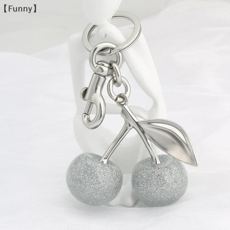 〔Funny〕Fashion Glitter Silvery Cherry Keychain Fruits Cherries Pendant Car Keyring For Coach Handbags Shoulder Bags Accessories
