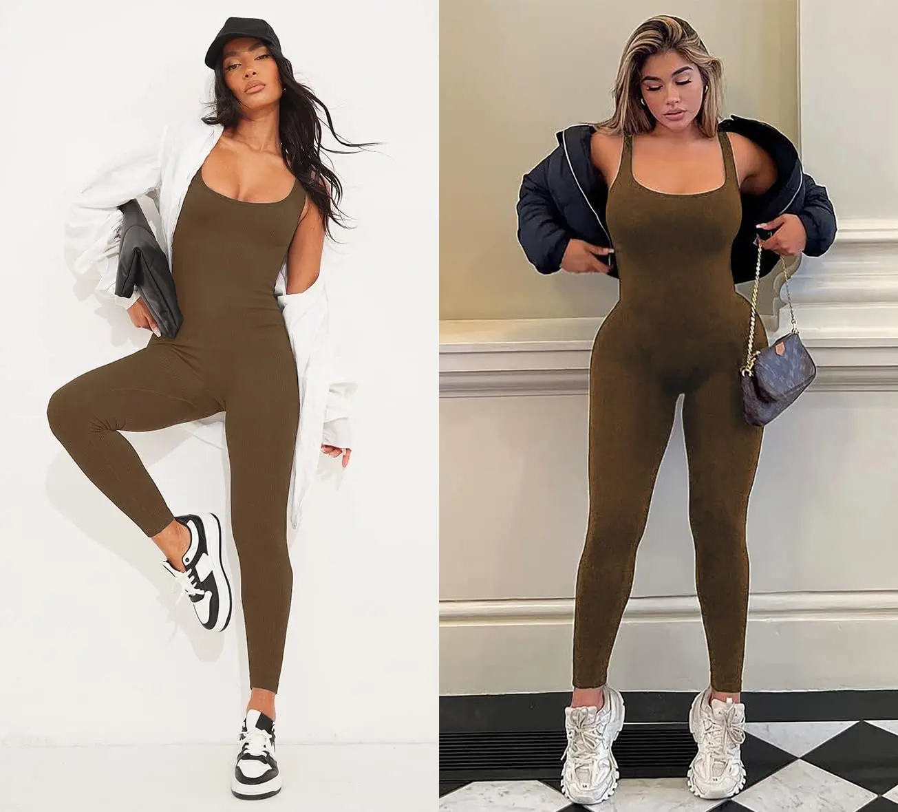 Women Workout Seamless Jumpsuit Yoga Ribbed Bodycon One Piece Square Neck Leggings Romper