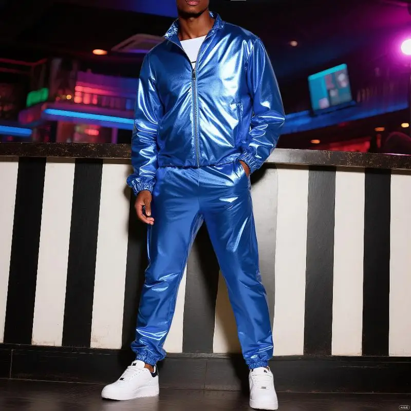 Men's Performance Two Piece Set, Shiny Zip Up Jacket & Pants Costume for Stage Show, Dance Club Wear Clothing Male M-XXXXXL