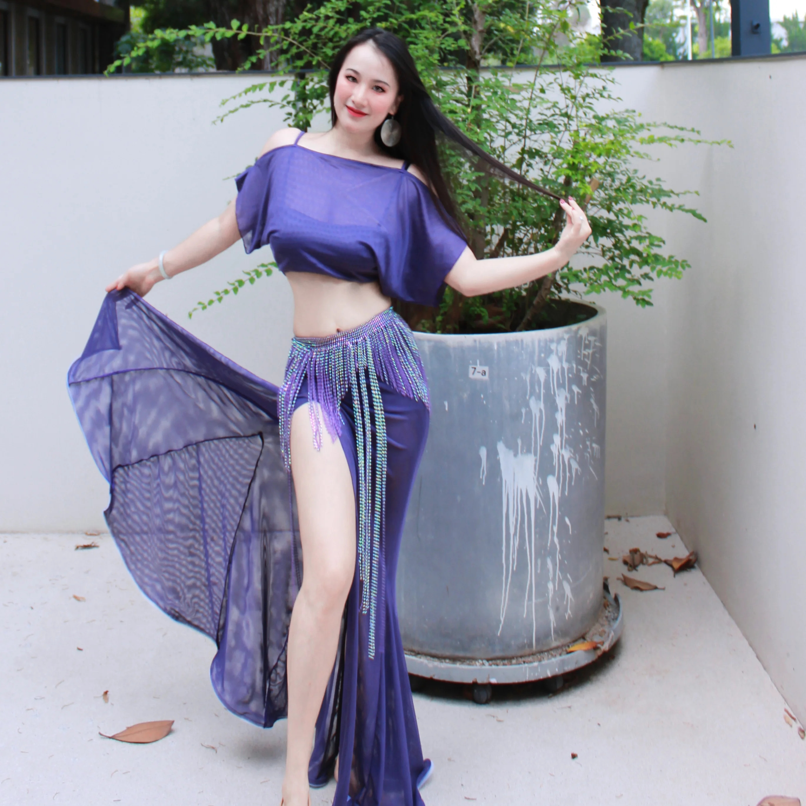 2025 traje de dança do ventre solto manga curta topo + sexy cauda de peixe saia longa conjunto para trajes de desempenho de dança oriental feminina