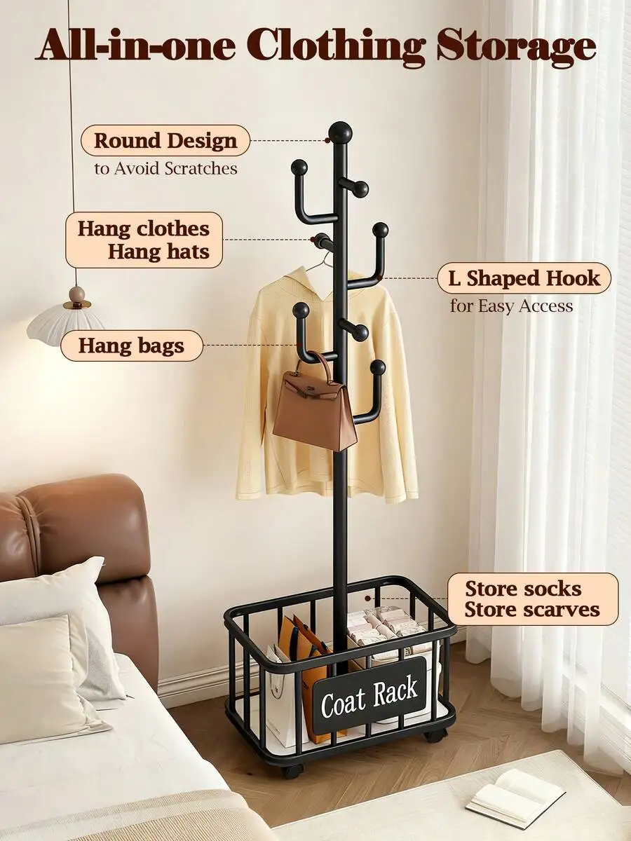 DOWIN Black Coat Rack With Storage Basket, Freestanding Clothes Rack, Coat Rack Stand For Scarves Handbags Clothes, Modern Coat Hanger Stand For Entryway, Moving Storage Rack For Bedroom Living Room Office Hallway Entrance Hallway Decor Room Decor