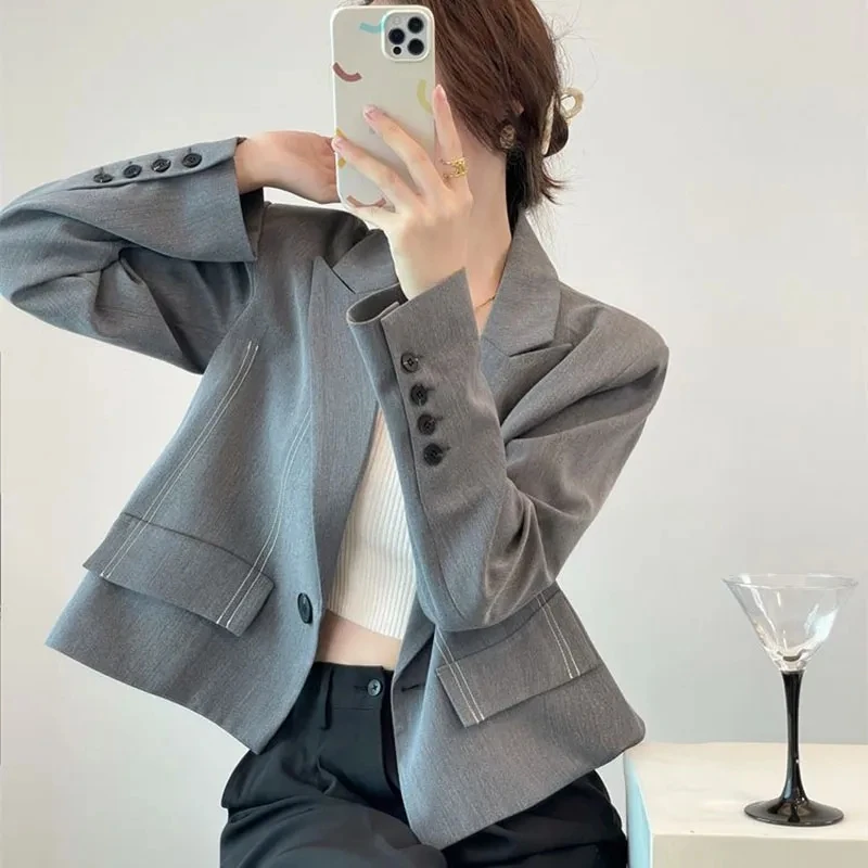 

Zoki Fashion Crop Office Blazers Jackets Women Vintage Notched Striped Solid Blazer Autumn Long Sleeve Button All Match Coats