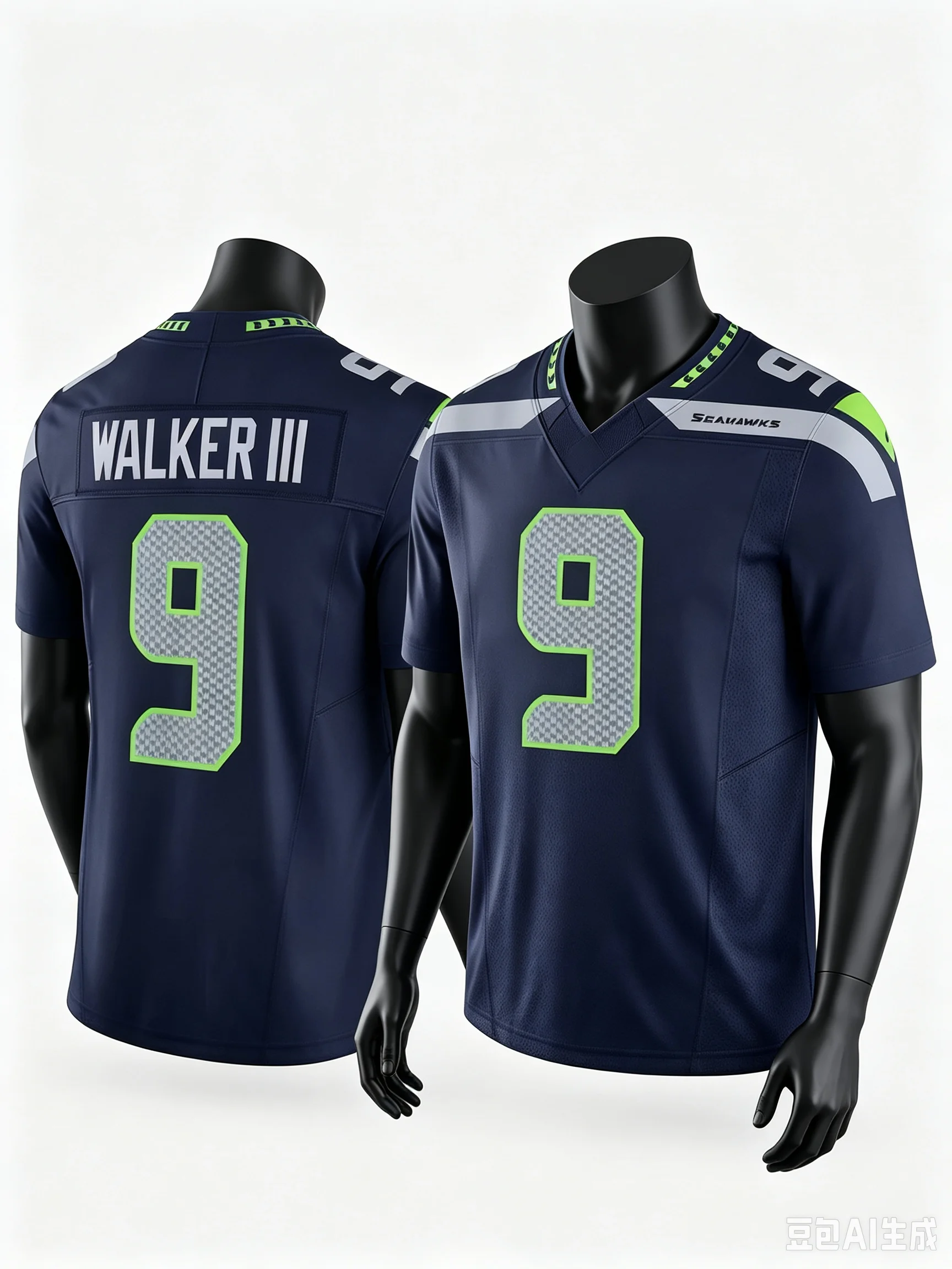 Men #9 Walker III Navy Home Football Jersey Mesh Digital Number Neon Green Trim V Neck Seahawks Game Fan Jersey Family Matching
