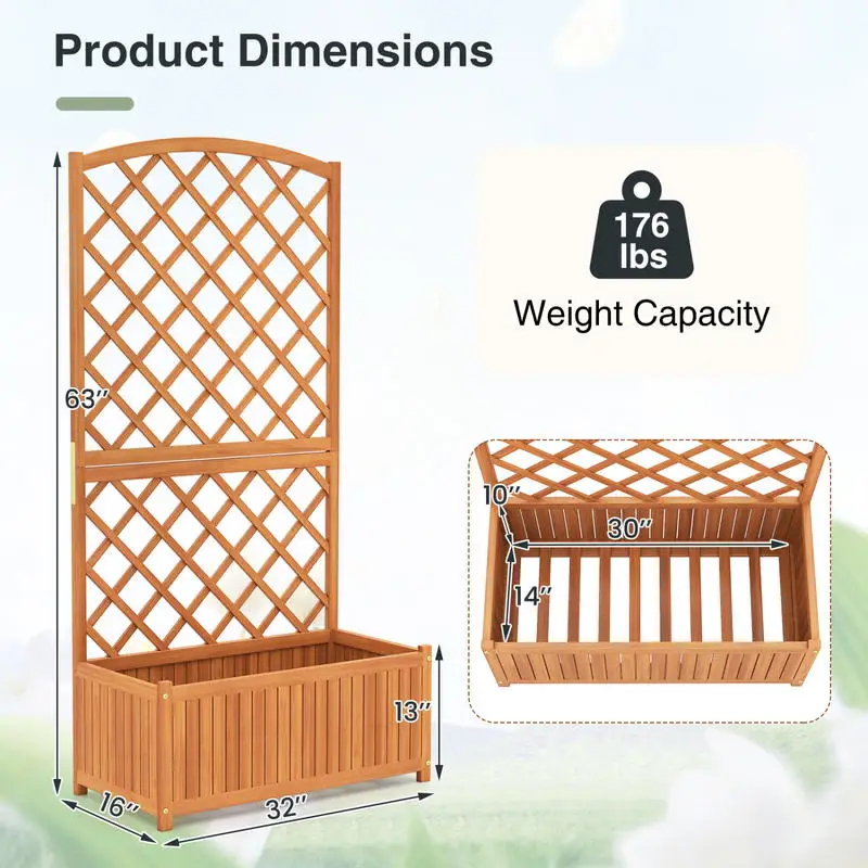 Wooden Raised Garden Bed with Trellis 63 Inch Tall Garden Planter