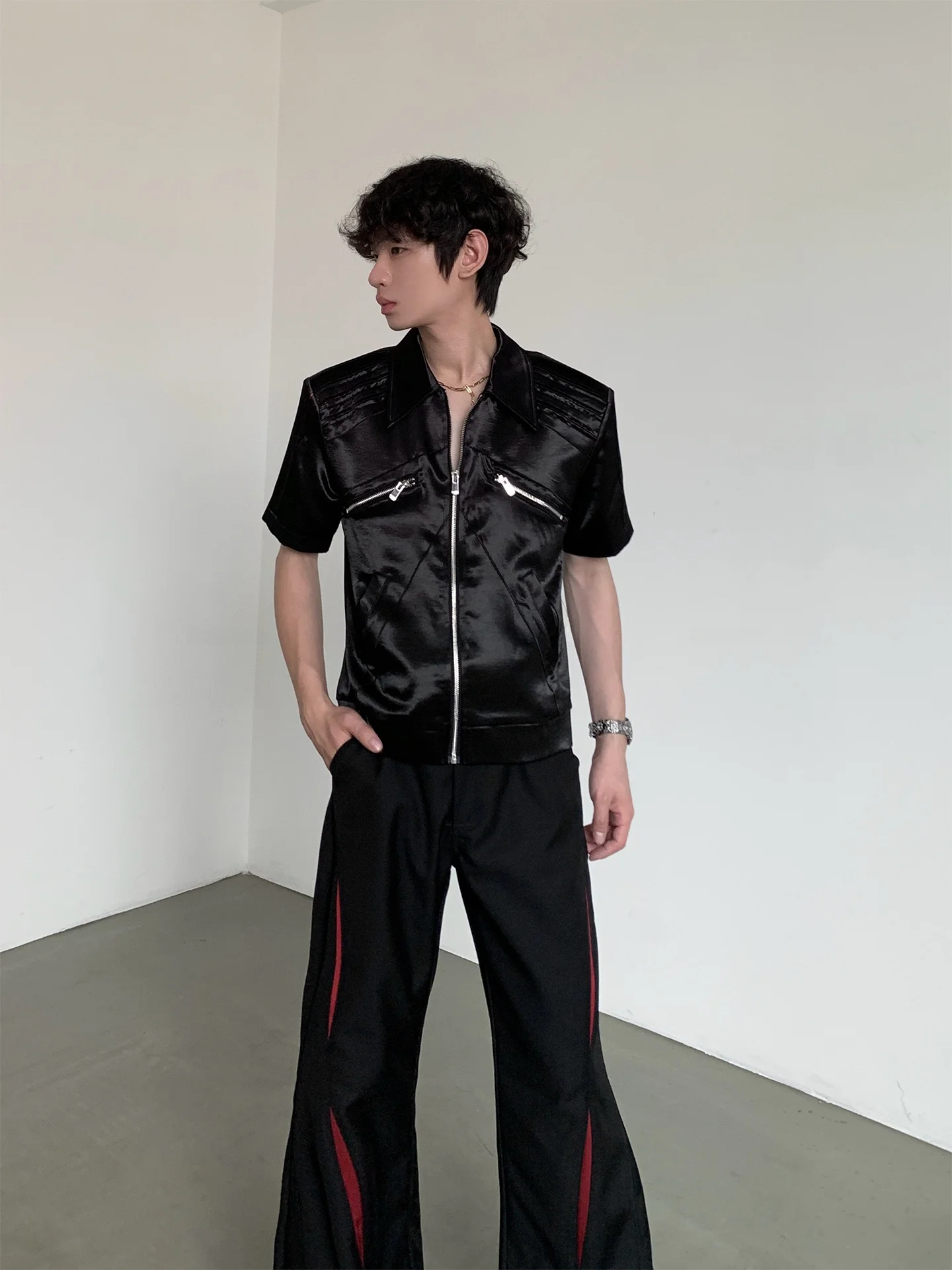 MARTHENAUT Liquid Polyester Zipper Pleated Short Shirt Men's Stylish Summer New Design Anti-Wrinkle Regular Sleeve Casual Top