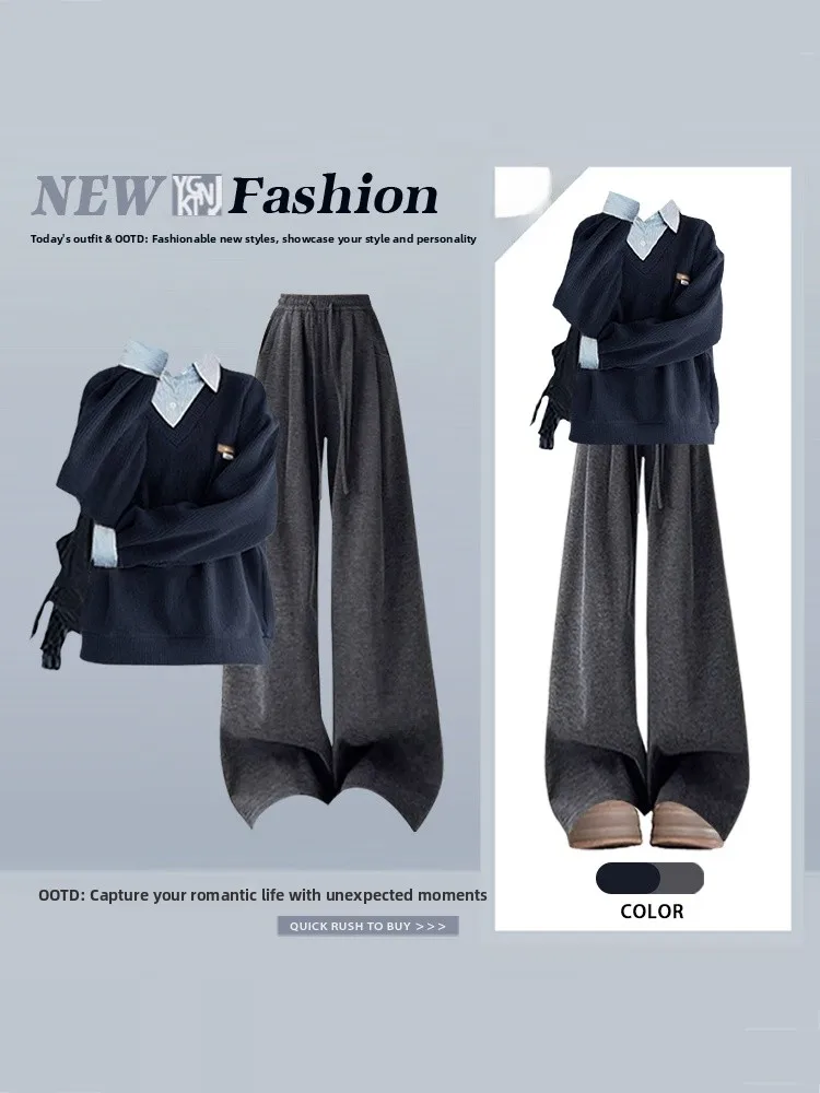 

Loose Fit Ne Knit Sweater And Wide Leg Pants Two Piece Set Women's Faion Spring Collection Light Blue And k ay
