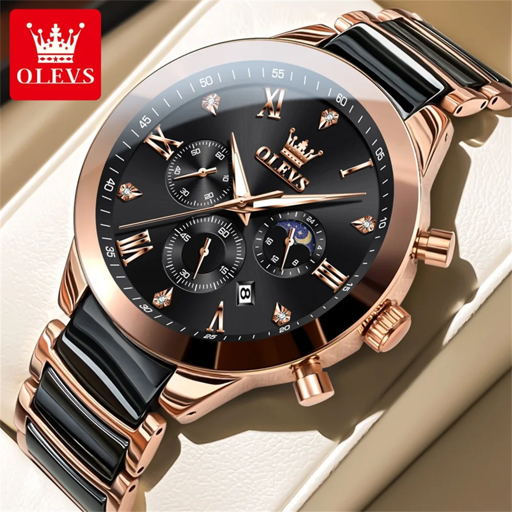 OLEVS 7004 High Quality Ceramics Strap Quartz Watch for Men Elegant Gentleman Waterproof Chronograph Moon Phase Men\'s Wristwatch